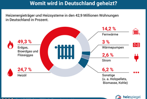 Heizenergieträger und Heizsysteme der 42,6 Millionen Haushalte in Deutschland: Erdgas 49,5 Prozent; Heizöl 25 Prozent; Fernwärme 14,1 Prozent; Strom 2,6 Prozent; Wärmepumpe 2,6 Prozent; Sonstige 6,2 Prozent.